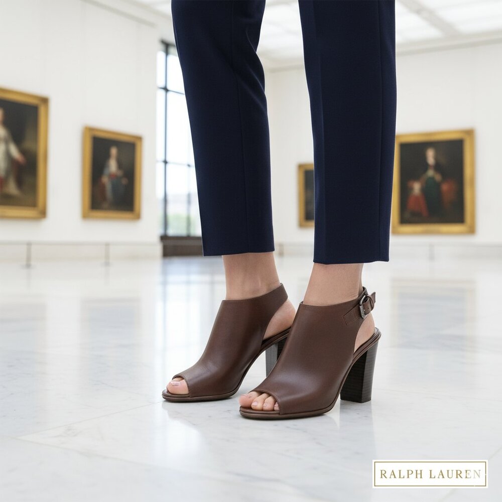 NWT Ralph Lauren Odessa 9M Calf Leather Peep Toe Booties Block Heel Brown Preppy